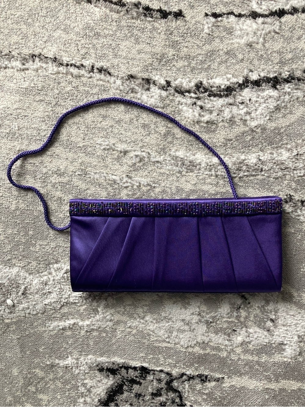 Jessica McClintock Purple Satin Beaded Evening Clutch with Chain